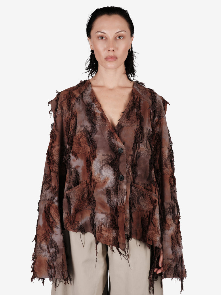 Hand-dyed cotton jacket with fringe and a belt.