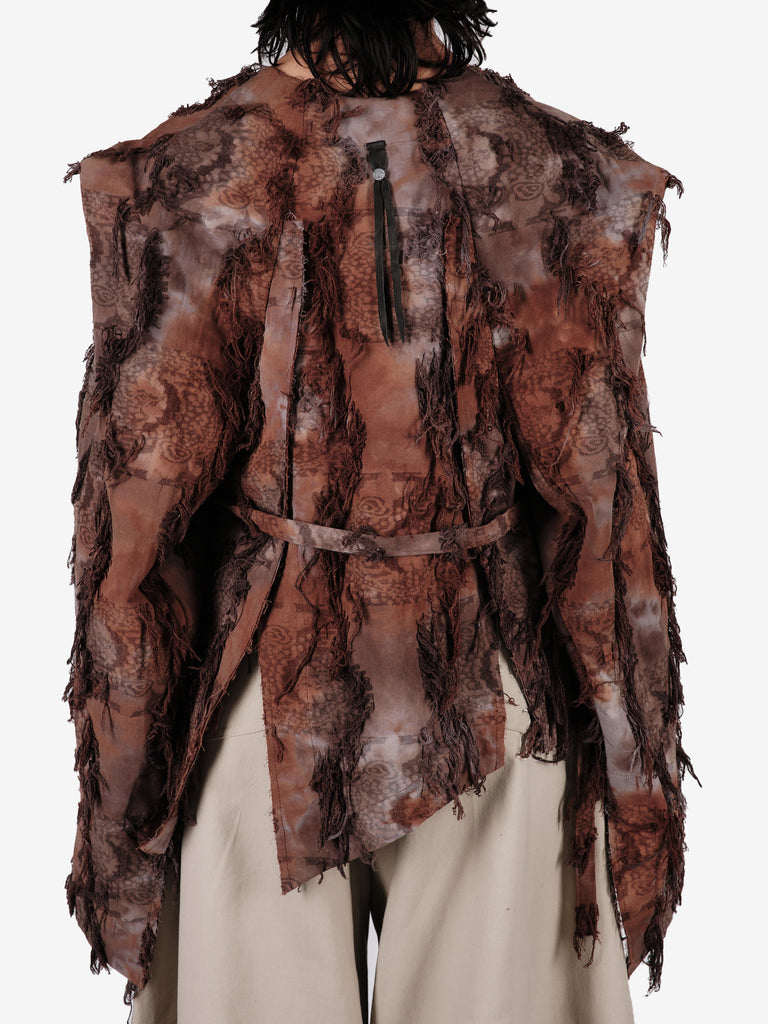 Hand-dyed cotton jacket with fringe and a belt.