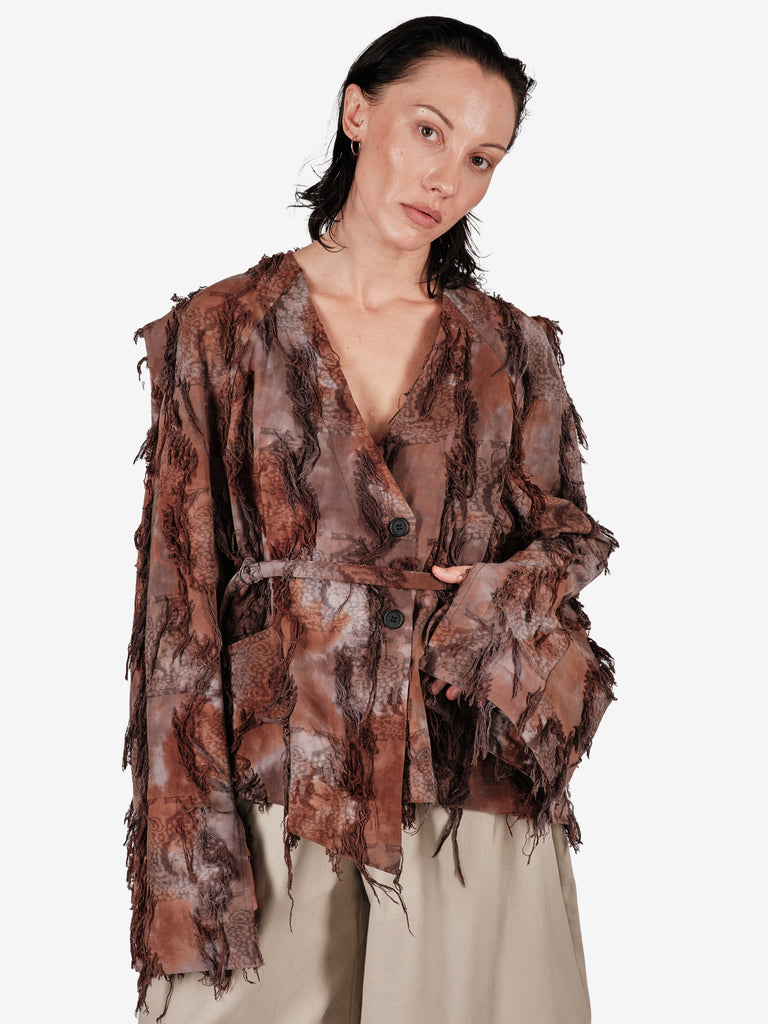 Hand-dyed cotton jacket with fringe and a belt.