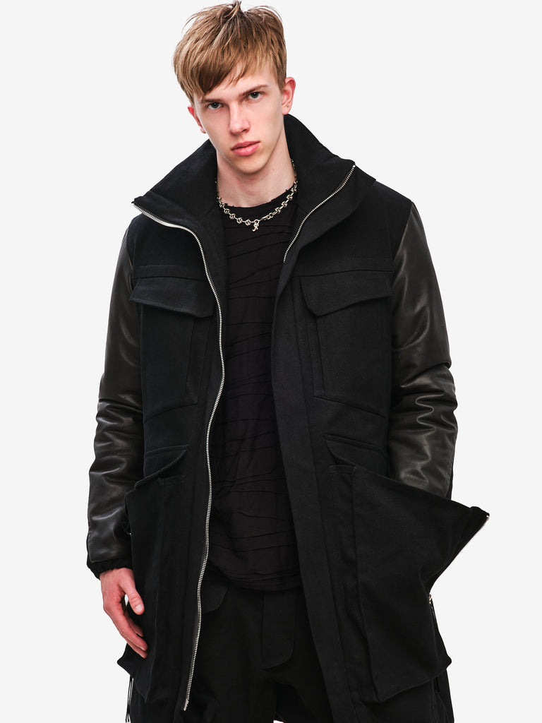 Cargo Winter Jacket with Leather Sleeves