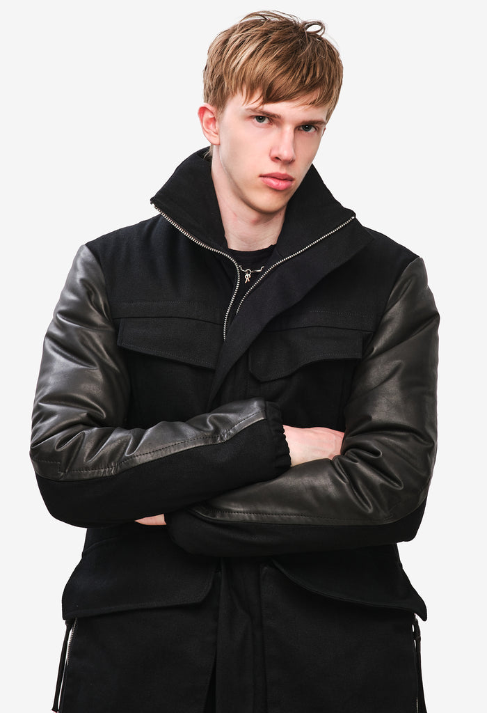 Cargo Winter Jacket with Leather Sleeves