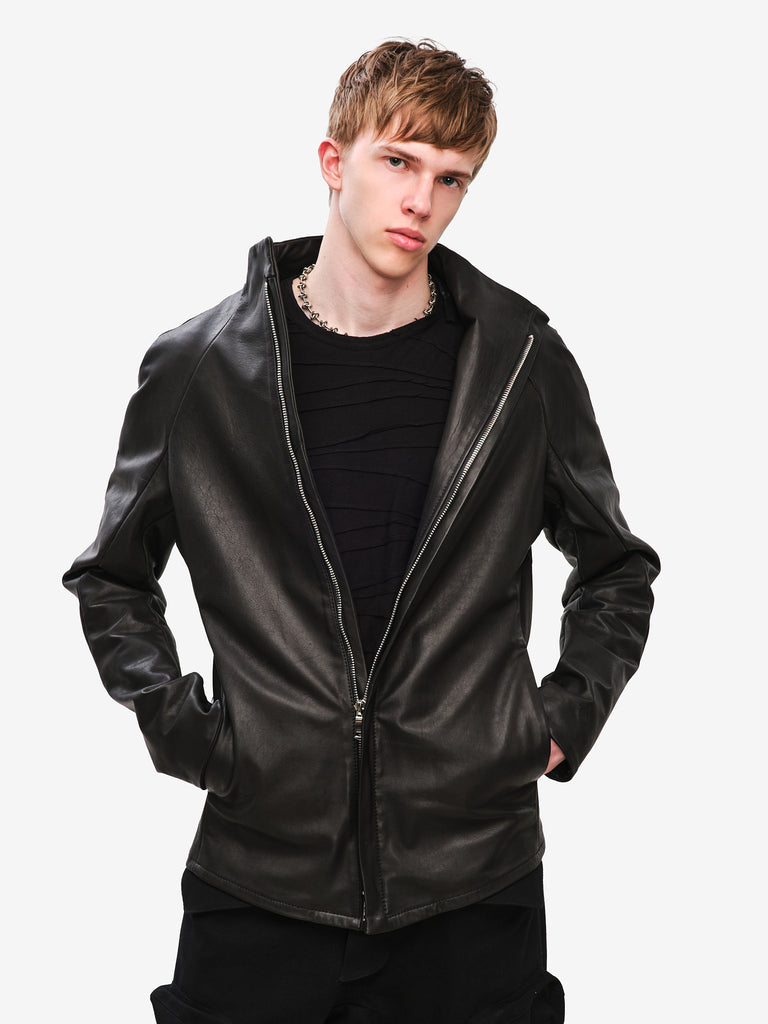 Funnel Neck Textured Leather Jacket