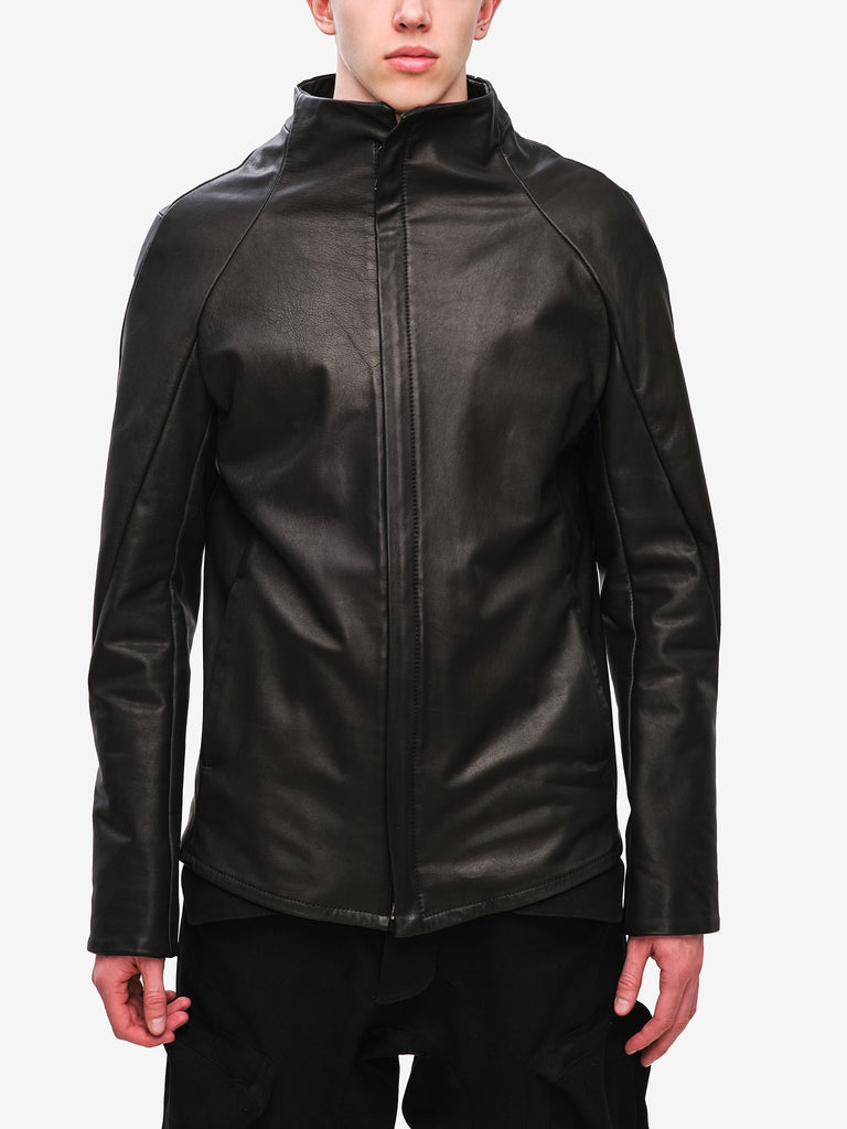Funnel Neck Textured Leather Jacket