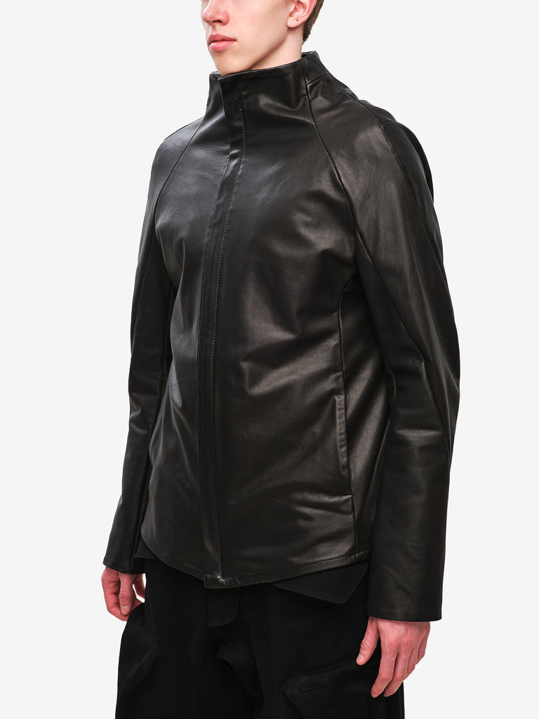 Funnel Neck Textured Leather Jacket