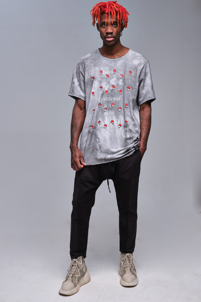 Hand-dyed t-shirt with mushrooms print