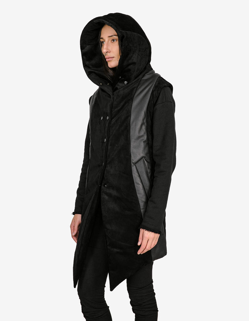 Leather-Panel Hooded Vest