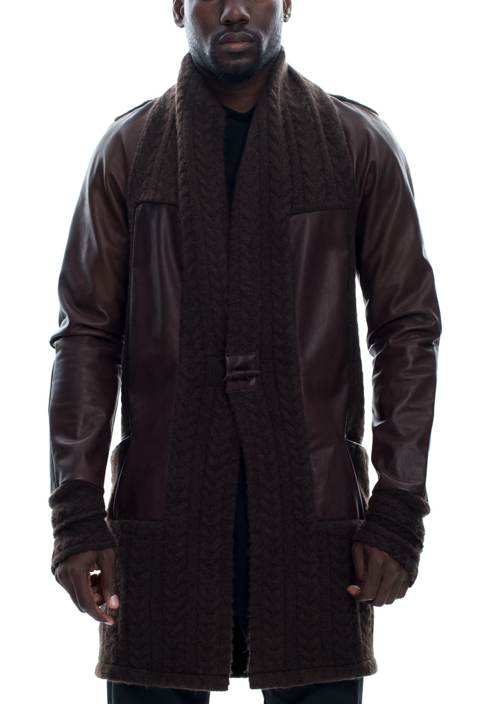 Leather Panel Detail Wool Cardigan