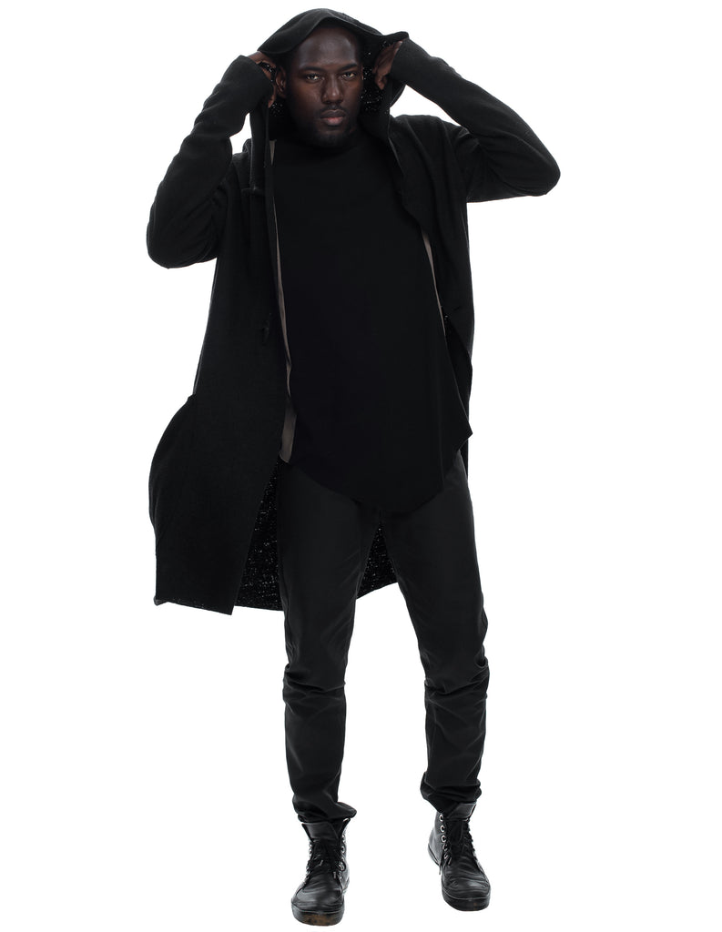 Long Hooded Boiled Wool Cardigan
