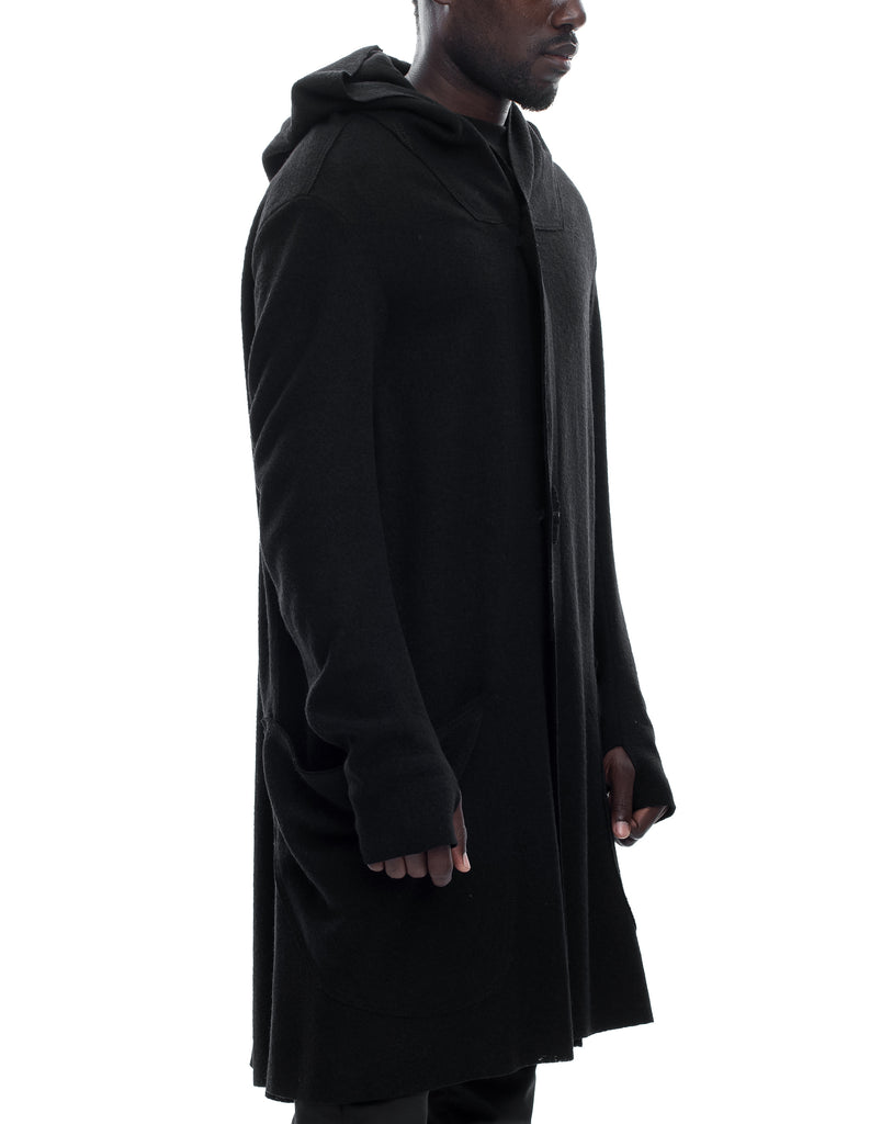Long Hooded Boiled Wool Cardigan