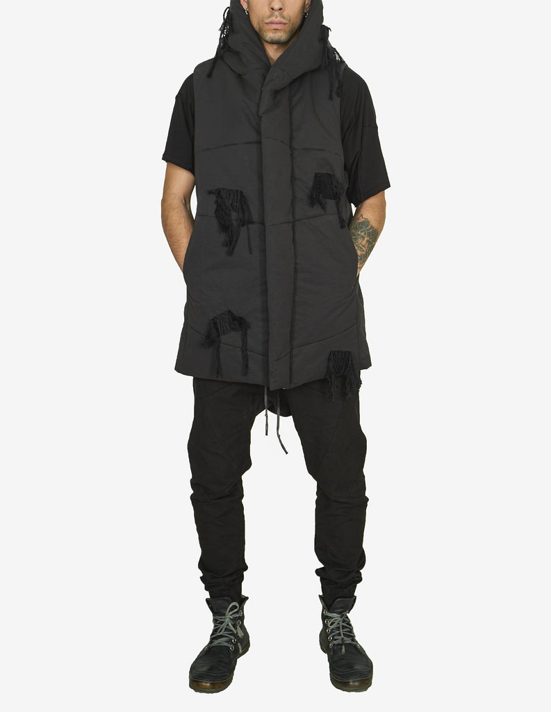 Raw-Cut Patched Hooded Vest